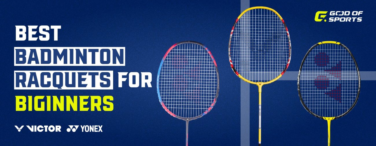 best badminton racquet for beginners India guide banner featuring Yonex and Victor racquets